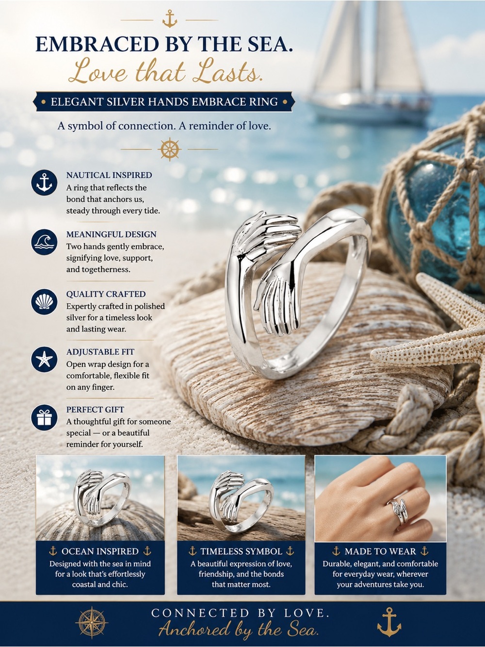 Elegant Silver Hands Embrace Ring